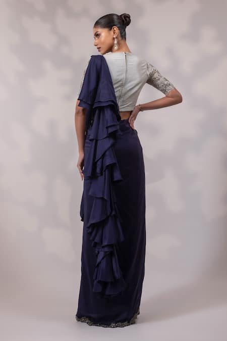 Shop Yoseba Navy Crepe Embroidery Round Neck Border Pre-draped Saree With Blouse at Aza Fashions Shop_Yoseba_Navy Crepe Embroidery Round Neck Border Pre-draped Saree With Blouse _at_Aza_Fashions