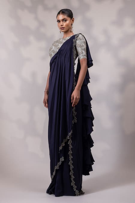 Shop Yoseba Navy Crepe Embroidery Round Neck Border Pre-draped Saree With Blouse Online at Aza Fashions Shop_Yoseba_Navy Crepe Embroidery Round Neck Border Pre-draped Saree With Blouse _Online_at_Aza_Fashions