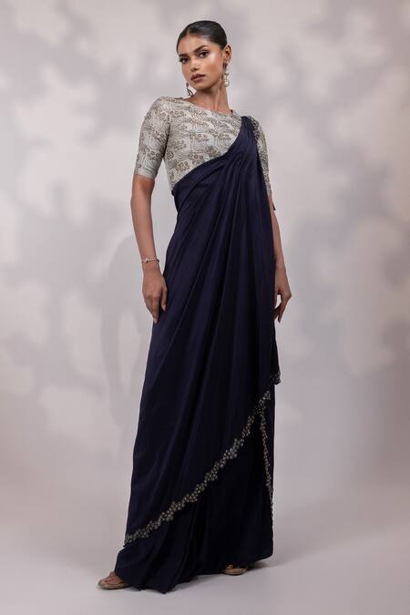 Yoseba Navy Crepe Embroidery Round Neck Border Pre-draped Saree With Blouse at Aza Fashions Yoseba_Navy Crepe Embroidery Round Neck Border Pre-draped Saree With Blouse _at_Aza_Fashions
