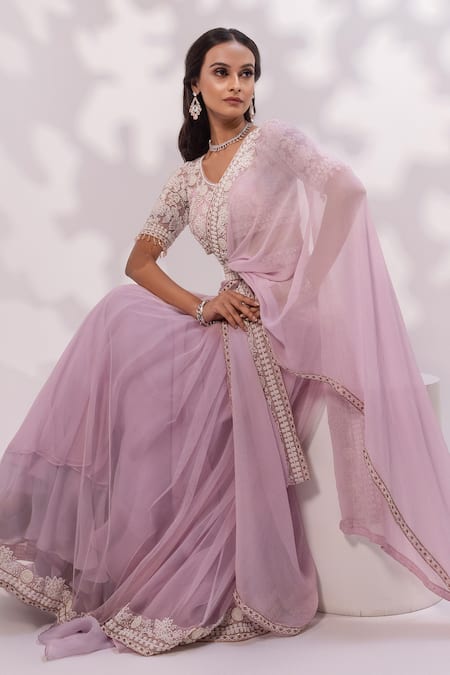 Buy_Yoseba_Lavender Net, Organza Embroidery, Beads, Purple Saree With Matching Blouse _Online_at_Aza_Fashions