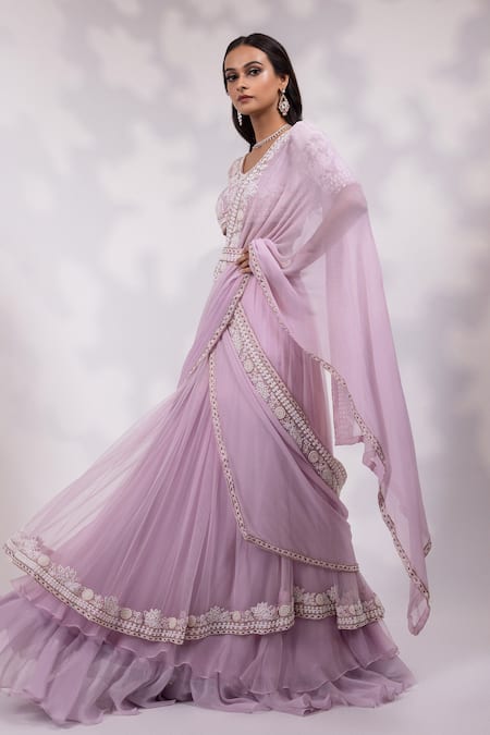 Shop_Yoseba_Lavender Net, Organza Embroidery, Beads, Purple Saree With Matching Blouse _Online_at_Aza_Fashions