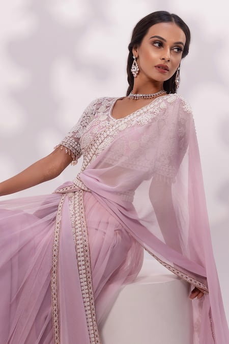 Yoseba_Lavender Net, Organza Embroidery, Beads, Purple Saree With Matching Blouse _at_Aza_Fashions
