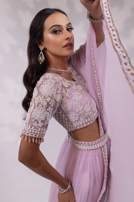 Buy_Yoseba_Lavender Net, Organza Embroidery, Beads, Purple Saree With Matching Blouse 