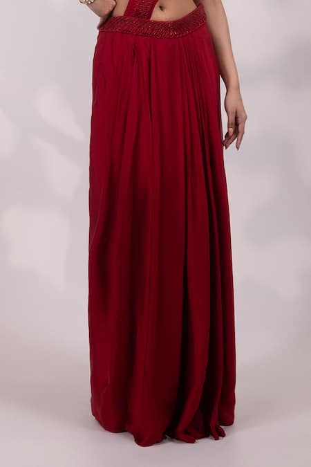 Yoseba Red Satin, Net Embroidery, Beads, Embellished Pre-draped Saree With Blouse Online at Aza Fashions Yoseba_Red Satin, Net Embroidery, Beads, Embellished Pre-draped Saree With Blouse _Online_at_Aza_Fashions