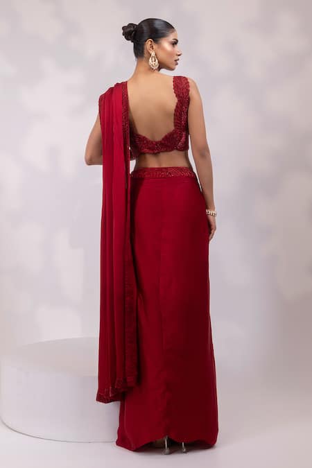 Shop Yoseba Red Satin, Net Embroidery, Beads, Embellished Pre-draped Saree With Blouse at Aza Fashions Shop_Yoseba_Red Satin, Net Embroidery, Beads, Embellished Pre-draped Saree With Blouse _at_Aza_Fashions