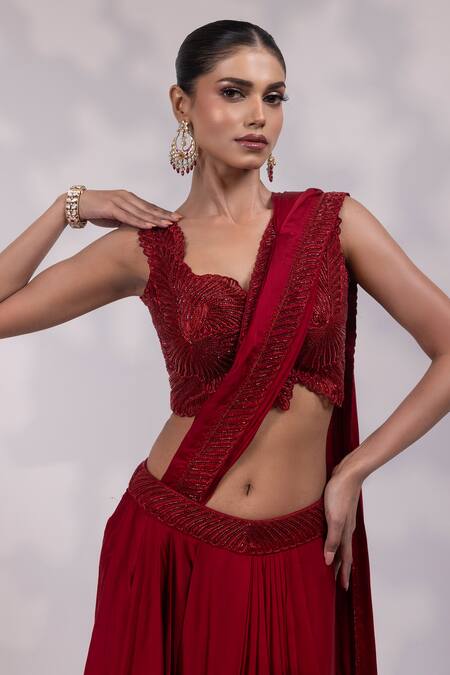 Buy Yoseba Red Satin, Net Embroidery, Beads, Embellished Pre-draped Saree With Blouse Online at Aza Fashions Buy_Yoseba_Red Satin, Net Embroidery, Beads, Embellished Pre-draped Saree With Blouse _Online_at_Aza_Fashions