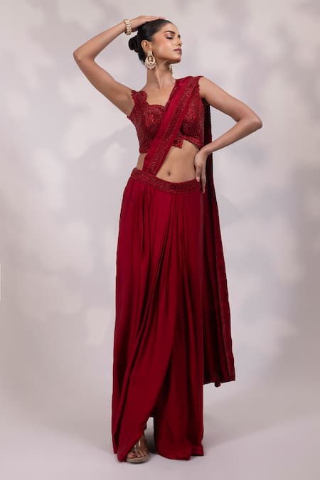 Shop Yoseba Red Satin, Net Embroidery, Beads, Embellished Pre-draped Saree With Blouse Online at Aza Fashions Shop_Yoseba_Red Satin, Net Embroidery, Beads, Embellished Pre-draped Saree With Blouse _Online_at_Aza_Fashions