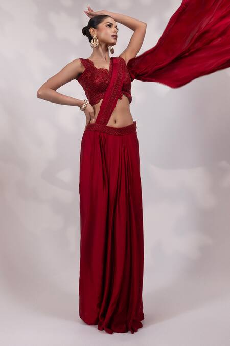 Buy Yoseba Red Satin, Net Embroidery, Beads, Embellished Pre-draped Saree With Blouse Buy_Yoseba_Red Satin, Net Embroidery, Beads, Embellished Pre-draped Saree With Blouse