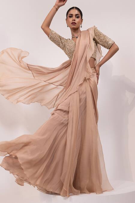 Buy_Yoseba_Beige Organza, Chiffon, Net Ruffles, Sequins V-neck Pre-draped Saree With Blouse _Online_at_Aza_Fashions