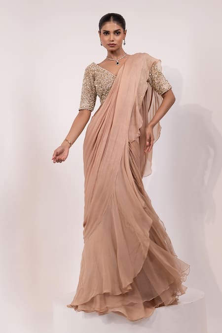 Yoseba Beige Organza, Chiffon, Net Ruffles, Sequins V-neck Pre-draped Saree With Blouse 
