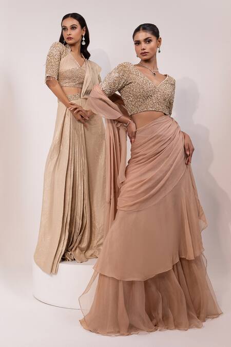 Yoseba_Beige Organza, Chiffon, Net Ruffles, Sequins V-neck Pre-draped Saree With Blouse _at_Aza_Fashions