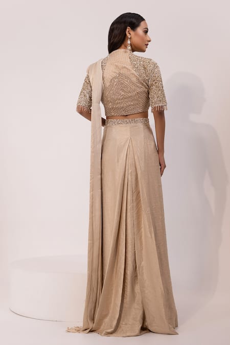 Yoseba Sequin Embellished Blouse With Pre-Draped Saree 