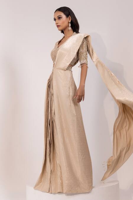 Buy Yoseba Beige Satin, Net Embroidery, Sequins, Embellished Blouse With Pre-draped Saree Online at Aza Fashions Buy_Yoseba_Beige Satin, Net Embroidery, Sequins, Embellished Blouse With Pre-draped Saree _Online_at_Aza_Fashions