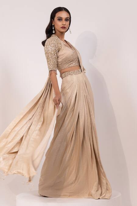 Shop Yoseba Beige Satin, Net Embroidery, Sequins, Embellished Blouse With Pre-draped Saree Online at Aza Fashions Shop_Yoseba_Beige Satin, Net Embroidery, Sequins, Embellished Blouse With Pre-draped Saree _Online_at_Aza_Fashions