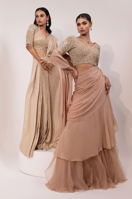 Yoseba Beige Satin, Net Embroidery, Sequins, Embellished Blouse With Pre-draped Saree at Aza Fashions Yoseba_Beige Satin, Net Embroidery, Sequins, Embellished Blouse With Pre-draped Saree _at_Aza_Fashions