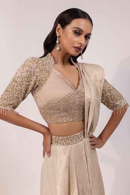 Buy Yoseba Beige Satin, Net Embroidery, Sequins, Embellished Blouse With Pre-draped Saree Buy_Yoseba_Beige Satin, Net Embroidery, Sequins, Embellished Blouse With Pre-draped Saree