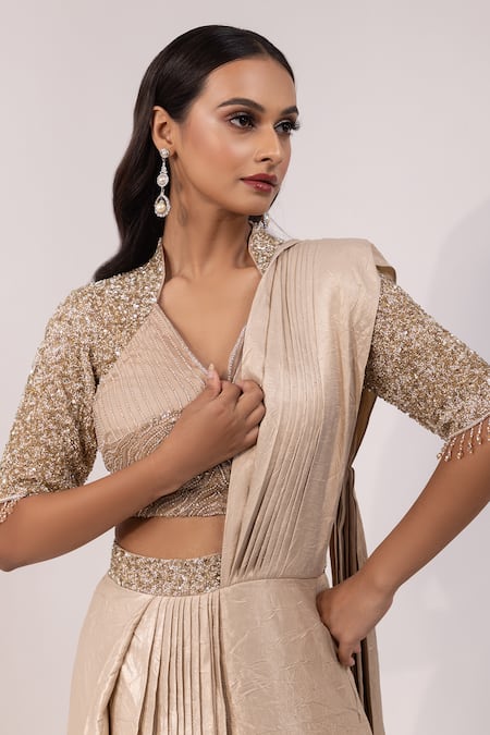 Shop Yoseba Beige Satin, Net Embroidery, Sequins, Embellished Blouse With Pre-draped Saree Shop_Yoseba_Beige Satin, Net Embroidery, Sequins, Embellished Blouse With Pre-draped Saree