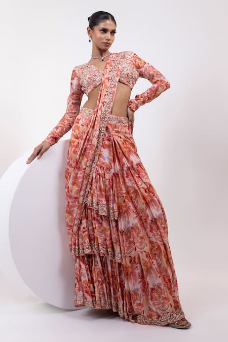 Yoseba Orange Crepe Embroidery V-neck Printed Ruffle Pre-draped Saree With Blouse 