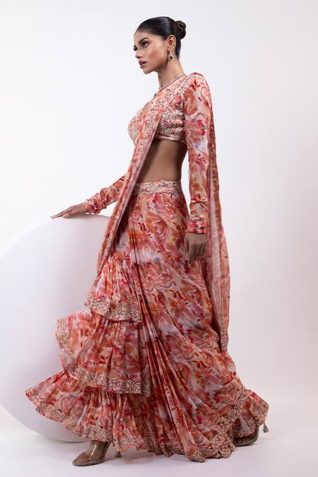 Buy Yoseba Orange Crepe Embroidery V-neck Printed Ruffle Pre-draped Saree With Blouse Online at Aza Fashions Buy_Yoseba_Orange Crepe Embroidery V-neck Printed Ruffle Pre-draped Saree With Blouse _Online_at_Aza_Fashions