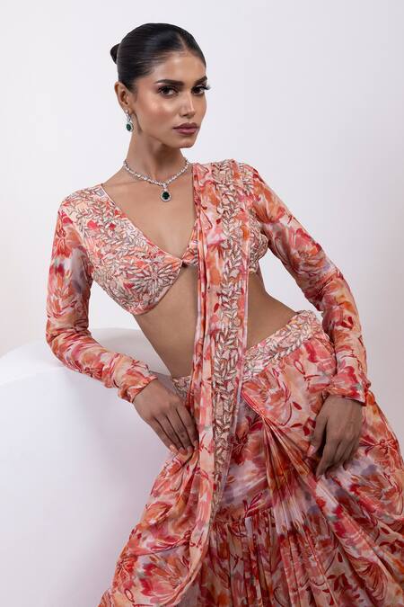 Shop Yoseba Orange Crepe Embroidery V-neck Printed Ruffle Pre-draped Saree With Blouse Online at Aza Fashions Shop_Yoseba_Orange Crepe Embroidery V-neck Printed Ruffle Pre-draped Saree With Blouse _Online_at_Aza_Fashions