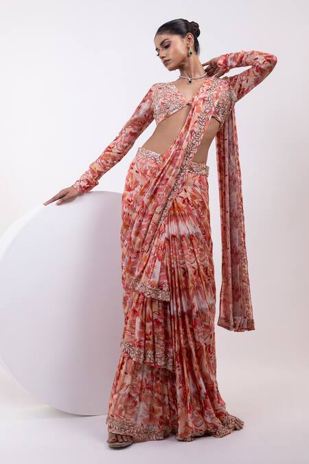 Yoseba Orange Crepe Embroidery V-neck Printed Ruffle Pre-draped Saree With Blouse at Aza Fashions Yoseba_Orange Crepe Embroidery V-neck Printed Ruffle Pre-draped Saree With Blouse _at_Aza_Fashions