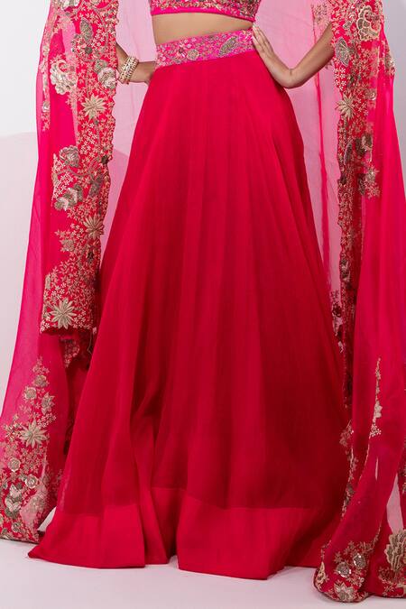Buy_Yoseba_Fuchsia Bemberg, Organza Embroidery, Sequins, Zari Round Placement Lehenga Set _Online_at_Aza_Fashions