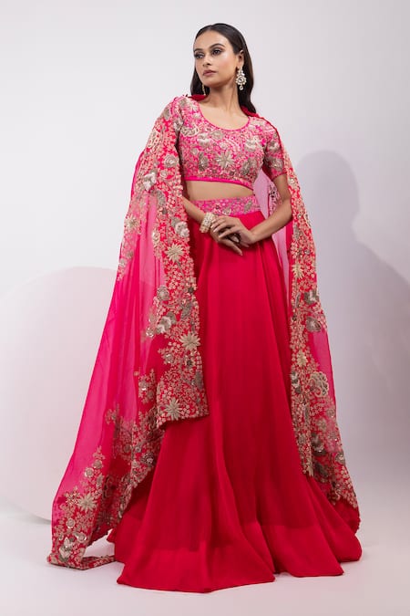 Yoseba Fuchsia Bemberg, Organza Embroidery, Sequins, Zari Round Placement Lehenga Set 
