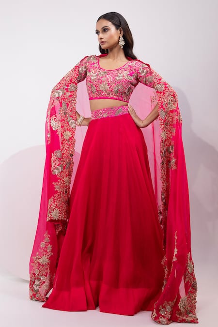 Shop_Yoseba_Fuchsia Bemberg, Organza Embroidery, Sequins, Zari Round Placement Lehenga Set _Online_at_Aza_Fashions