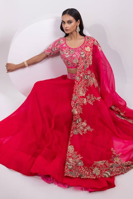 Yoseba_Fuchsia Bemberg, Organza Embroidery, Sequins, Zari Round Placement Lehenga Set _at_Aza_Fashions