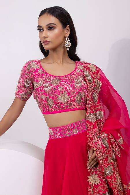 Buy_Yoseba_Fuchsia Bemberg, Organza Embroidery, Sequins, Zari Round Placement Lehenga Set 
