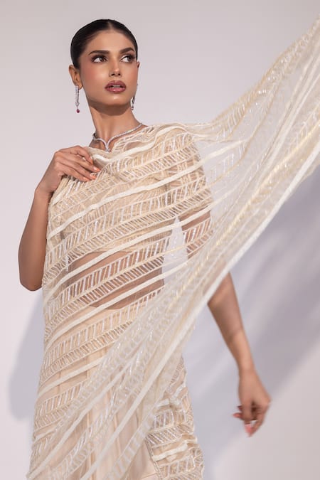 Shop_Yoseba_Ivory Net, Modal, Satin Embroidery, Sequins Pre-draped Skirt Saree With Blouse _Online_at_Aza_Fashions