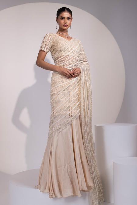 Yoseba Ivory Net, Modal, Satin Embroidery, Sequins Pre-draped Skirt Saree With Blouse 