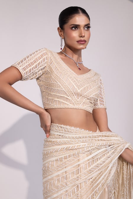 Buy_Yoseba_Ivory Net, Modal, Satin Embroidery, Sequins Pre-draped Skirt Saree With Blouse 