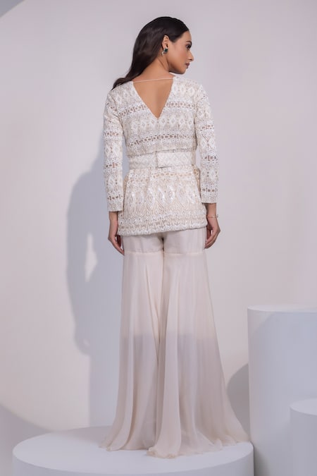 Yoseba Ivory Net, Organza Embroidery V-neck Lace Embellished Peplum Top With Sharara Online at Aza Fashions Yoseba_Ivory Net, Organza Embroidery V-neck Lace Embellished Peplum Top With Sharara _Online_at_Aza_Fashions