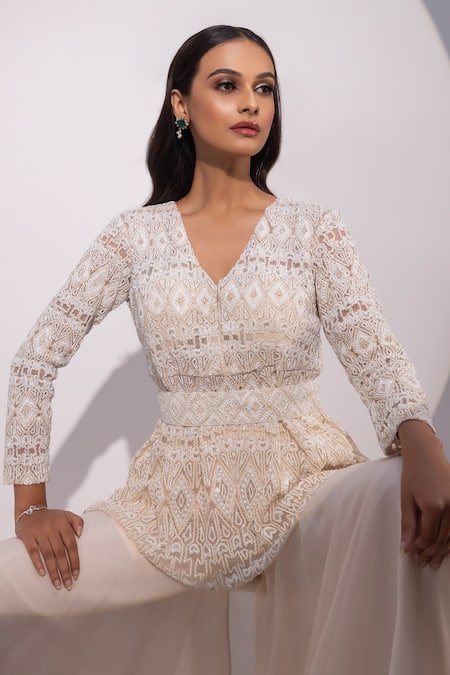 Buy Yoseba Ivory Net, Organza Embroidery V-neck Lace Embellished Peplum Top With Sharara Online at Aza Fashions Buy_Yoseba_Ivory Net, Organza Embroidery V-neck Lace Embellished Peplum Top With Sharara _Online_at_Aza_Fashions