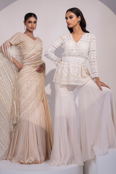 Buy Yoseba Ivory Net, Organza Embroidery V-neck Lace Embellished Peplum Top With Sharara Buy_Yoseba_Ivory Net, Organza Embroidery V-neck Lace Embellished Peplum Top With Sharara