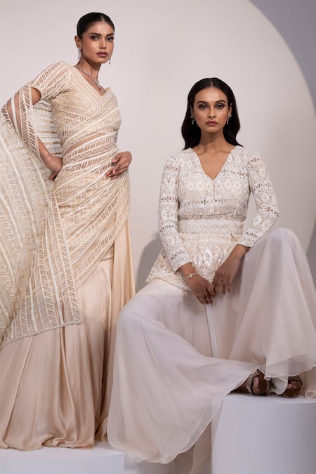 Shop Yoseba Ivory Net, Organza Embroidery V-neck Lace Embellished Peplum Top With Sharara Shop_Yoseba_Ivory Net, Organza Embroidery V-neck Lace Embellished Peplum Top With Sharara