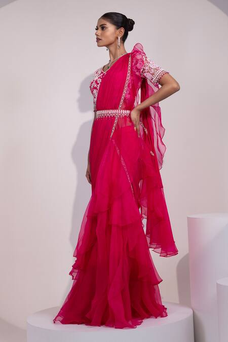 Yoseba_Fuchsia Organza, Chiffon, Net Beads, Embroidery Pre-draped Saree With Blouse _Online_at_Aza_Fashions