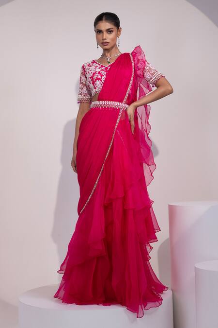 Buy_Yoseba_Fuchsia Organza, Chiffon, Net Beads, Embroidery Pre-draped Saree With Blouse _Online_at_Aza_Fashions