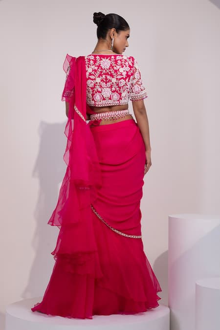 Yoseba Pre-Draped Saree With Embroidered Blouse 