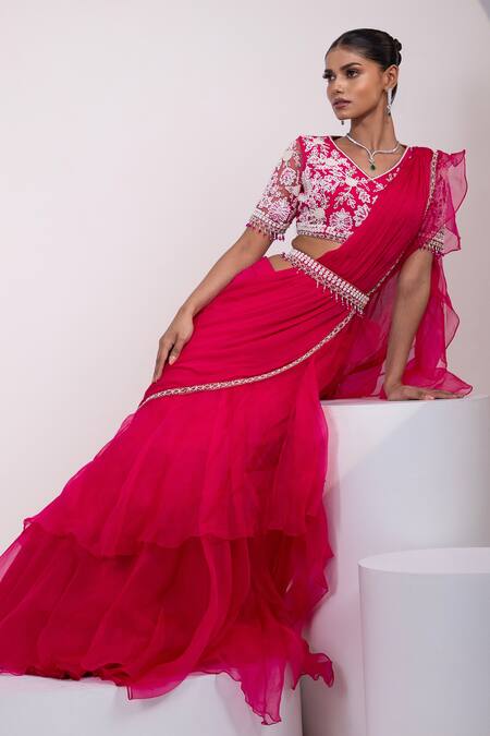 Shop_Yoseba_Fuchsia Organza, Chiffon, Net Beads, Embroidery Pre-draped Saree With Blouse _Online_at_Aza_Fashions