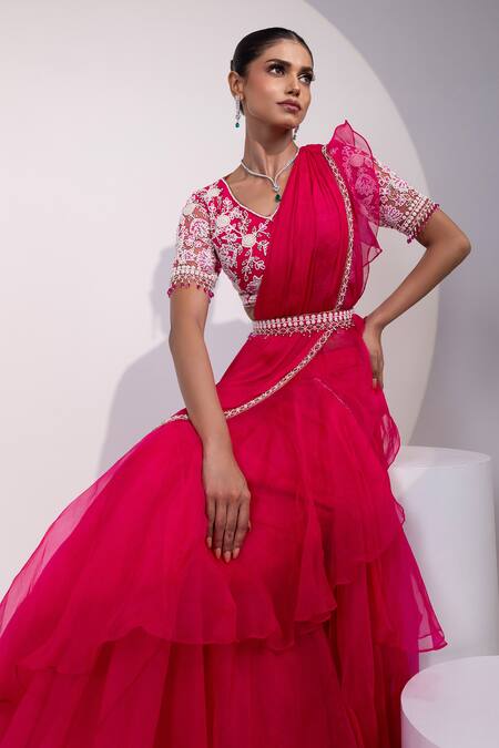 Yoseba_Fuchsia Organza, Chiffon, Net Beads, Embroidery Pre-draped Saree With Blouse _at_Aza_Fashions