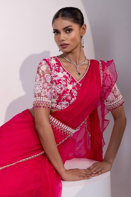 Buy_Yoseba_Fuchsia Organza, Chiffon, Net Beads, Embroidery Pre-draped Saree With Blouse 