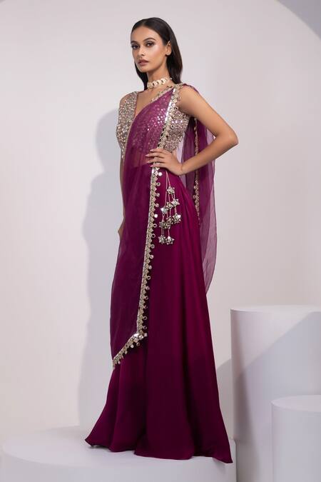 Yoseba_Wine Satin, Organza Mirrors, Embellished Blouse With Pre-draped Sharara Saree _Online_at_Aza_Fashions