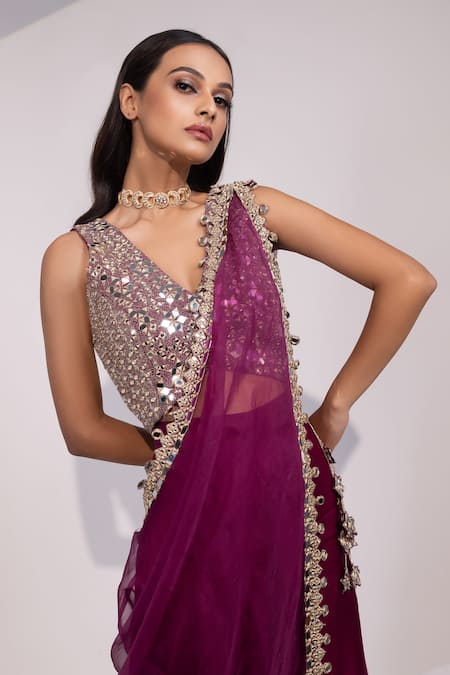 Buy_Yoseba_Wine Satin, Organza Mirrors, Embellished Blouse With Pre-draped Sharara Saree _Online_at_Aza_Fashions