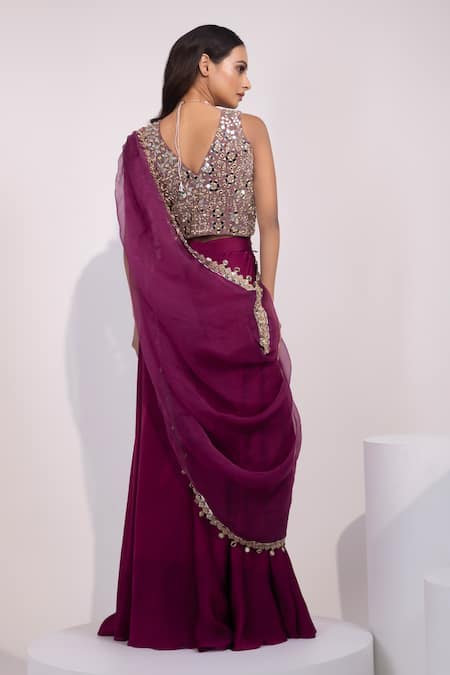 Yoseba Mirror Embellished Blouse With Pre-Draped Sharara Saree 