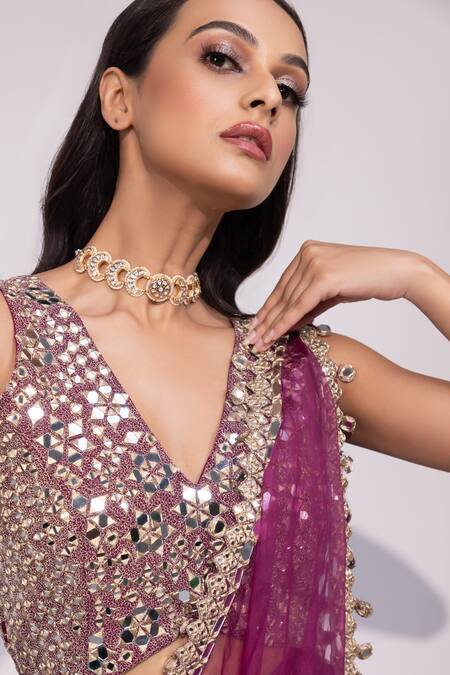 Shop_Yoseba_Wine Satin, Organza Mirrors, Embellished Blouse With Pre-draped Sharara Saree _Online_at_Aza_Fashions