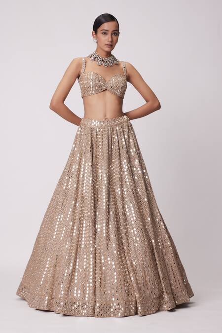 Vvani By Vani Vats Beige Georgette, Net, Organza Beads, Embroidery, Mirrors Cluster Lehenga Set