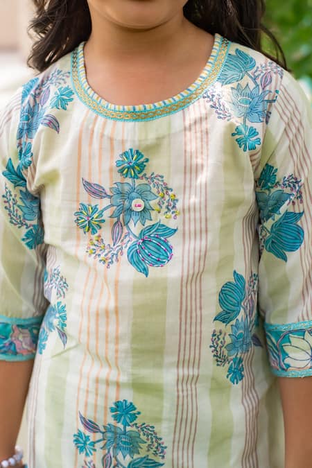 Buy_Plumcheeks_Green Cotton Embroidery Printed Kurta Sharara Set_Online_at_Aza_Fashions