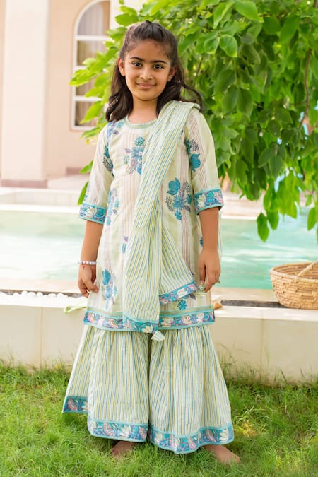 Plumcheeks Green Cotton Embroidery Printed Kurta Sharara Set 